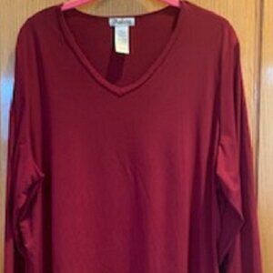 Delicia Maroon Pullover V-Neck Top Casual Blouse Long Sleeve Slim Fit 1X
